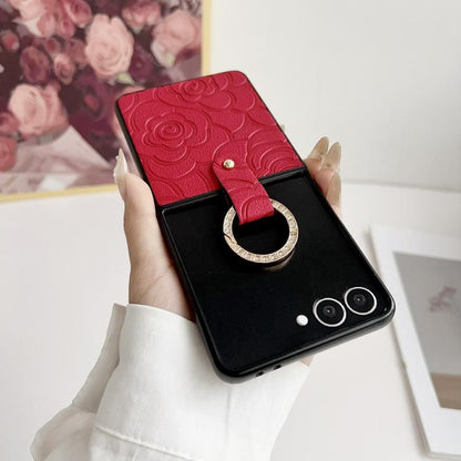 Impression Camellia Pattern Protective Phone Case with Diamond Ring Long Lanyard