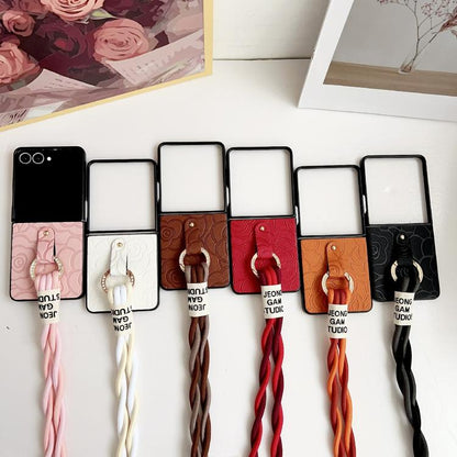 Impression Camellia Pattern Protective Phone Case with Diamond Ring Long Lanyard