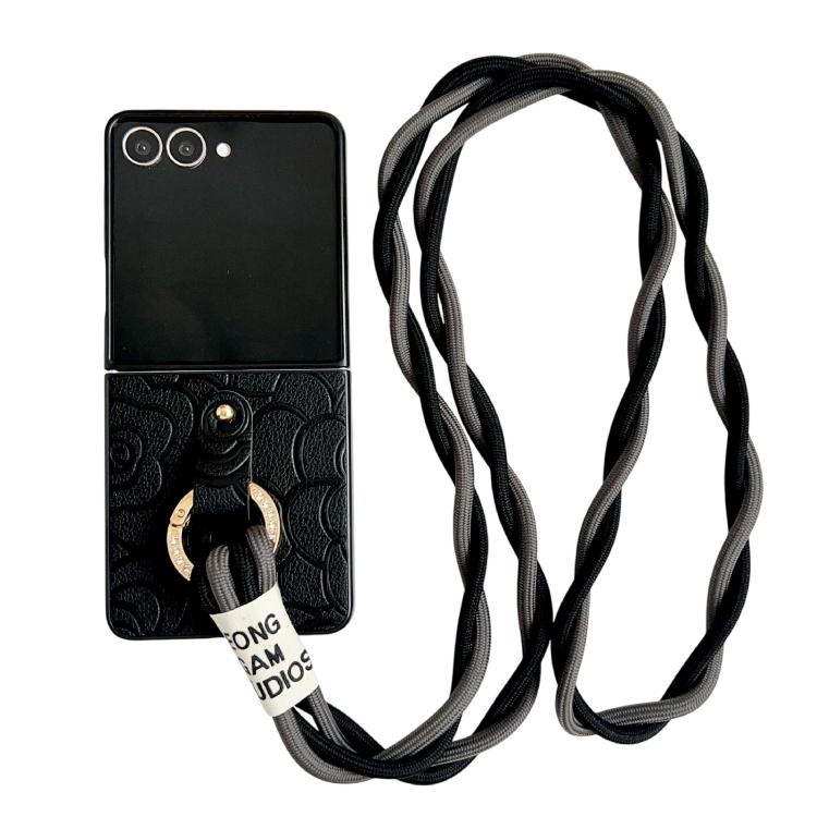 Impression Camellia Pattern Protective Phone Case with Diamond Ring Long Lanyard