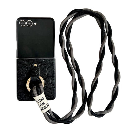 Impression Camellia Pattern Protective Phone Case with Diamond Ring Long Lanyard