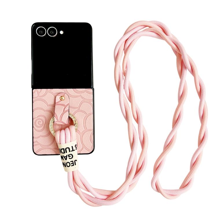 Impression Camellia Pattern Protective Phone Case with Diamond Ring Long Lanyard