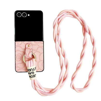 Impression Camellia Pattern Protective Phone Case with Diamond Ring Long Lanyard