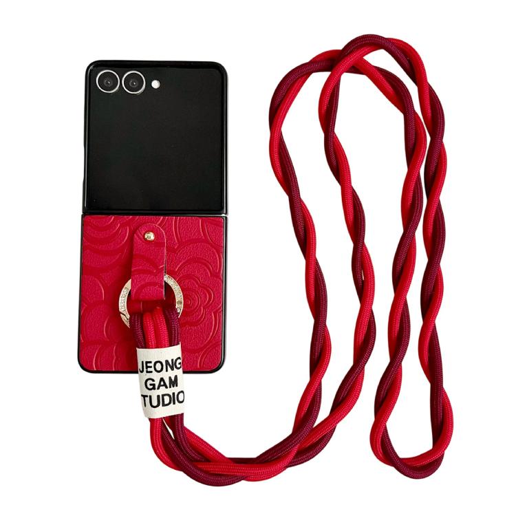 Impression Camellia Pattern Protective Phone Case with Diamond Ring Long Lanyard