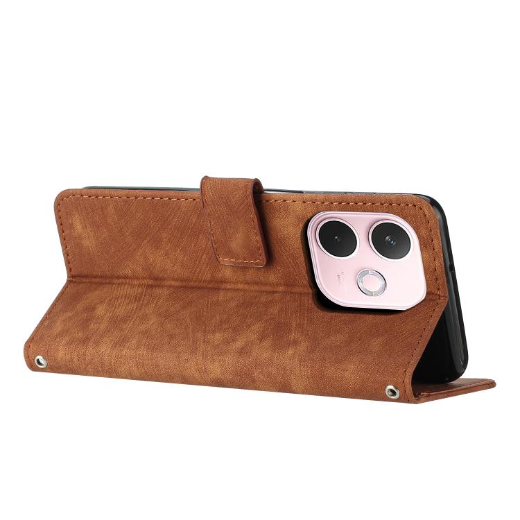 Skin Feel Stripe Pattern Leather Phone Case with Long Lanyard