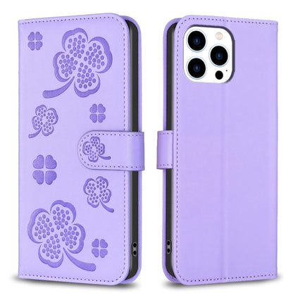 Four-leaf Embossed Leather Phone Case, For iPhone 15 Pro Max, For iPhone 15 Pro, For iPhone 15 Plus, For iPhone 15