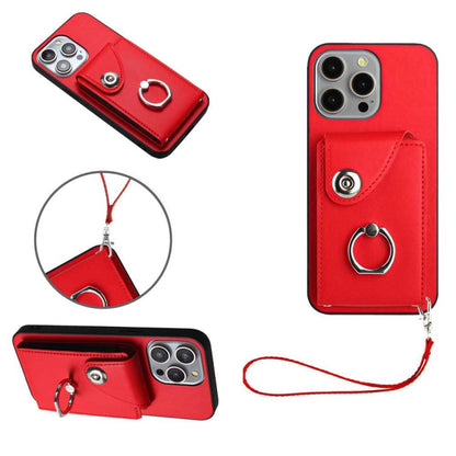 Organ Card Bag Ring Holder PU Phone Case with Lanyard, For iPhone 15 Pro Max, For iPhone 15 Pro, For iPhone 15 Plus, For iPhone 15