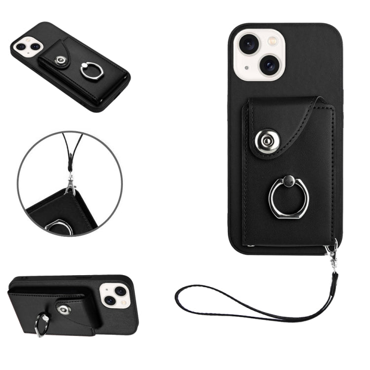 Organ Card Bag Ring Holder PU Phone Case with Lanyard, For iPhone 15 Pro Max, For iPhone 15 Pro, For iPhone 15 Plus, For iPhone 15