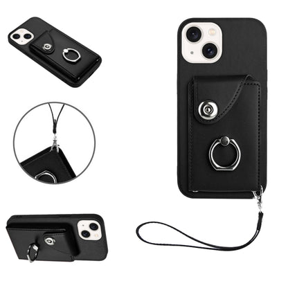 Organ Card Bag Ring Holder PU Phone Case with Lanyard, For iPhone 15 Pro Max, For iPhone 15 Pro, For iPhone 15 Plus, For iPhone 15