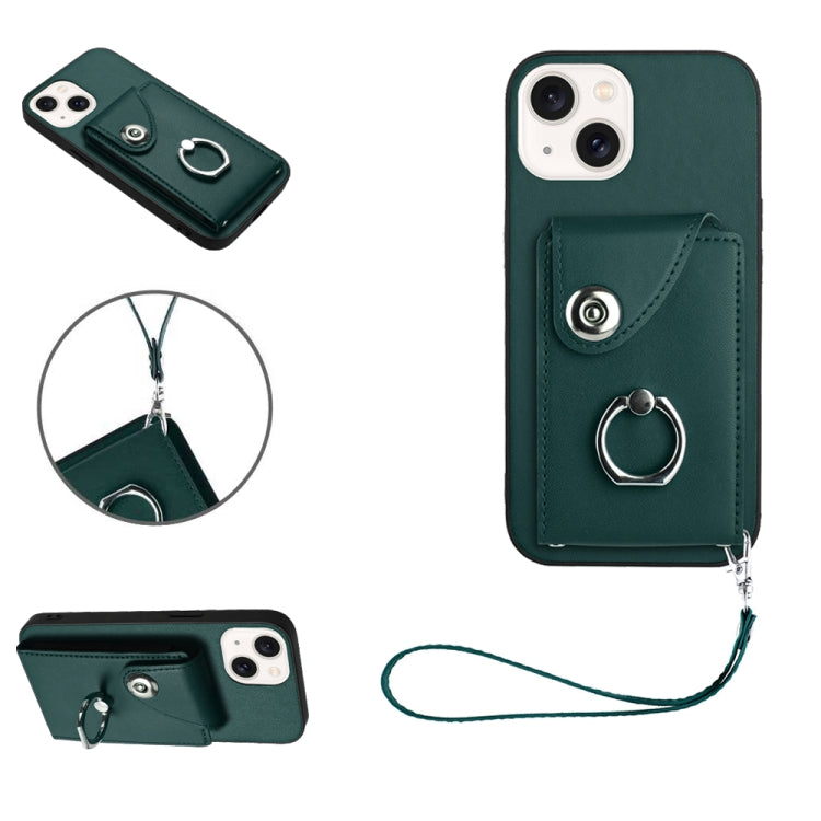 Organ Card Bag Ring Holder PU Phone Case with Lanyard, For iPhone 14 Plus, For iPhone 14, For iPhone 14 Pro, For iPhone 14 Pro Max