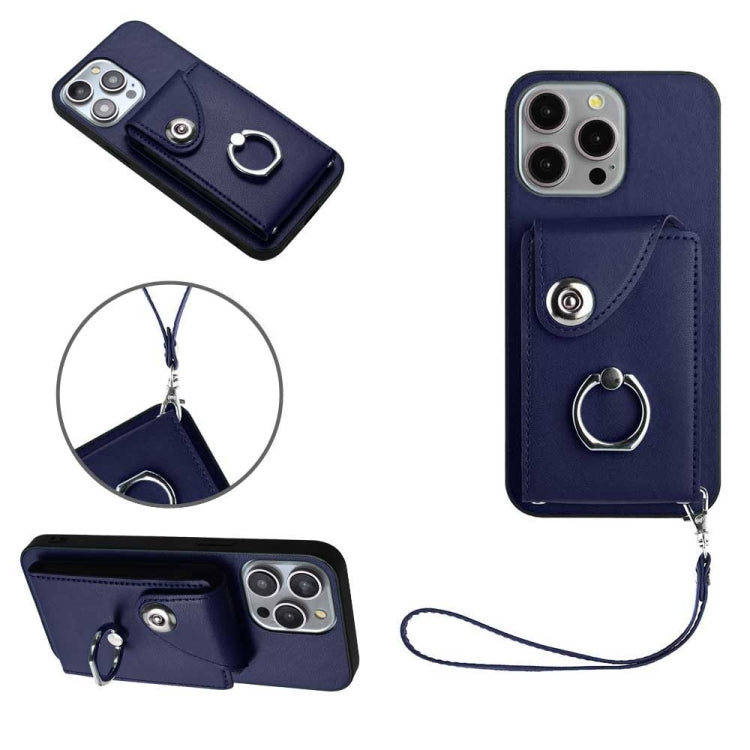 Organ Card Bag Ring Holder PU Phone Case with Lanyard, For iPhone 14 Plus, For iPhone 14, For iPhone 14 Pro, For iPhone 14 Pro Max