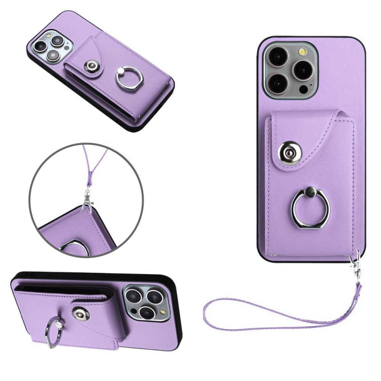 Organ Card Bag Ring Holder PU Phone Case with Lanyard, For iPhone 14 Plus, For iPhone 14, For iPhone 14 Pro, For iPhone 14 Pro Max