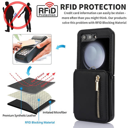 Zipper Card Slots Folding RFID Phone Case with Long Lanyard, For Samsung Galaxy Z Flip5, For Samsung Galaxy Z Flip4, For Samsung Galaxy Z Flip3