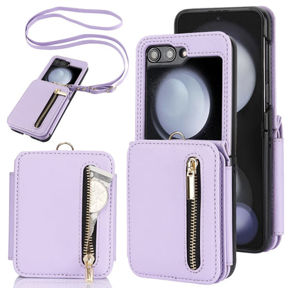 Zipper Card Slots Folding RFID Phone Case with Long Lanyard, For Samsung Galaxy Z Flip5, For Samsung Galaxy Z Flip4, For Samsung Galaxy Z Flip3