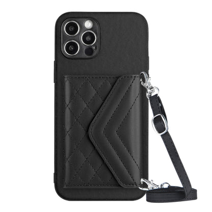 Rhombic Texture Card Bag RFID Phone Case with Long Lanyard, For iPhone 13 mini, For iPhone 12, For iPhone 12 Pro Max, For iPhone 12 Pro