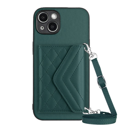 Rhombic Texture Card Bag RFID Phone Case with Long Lanyard, For iPhone 14 Plus, For iPhone 14, For iPhone 14 Pro, For iPhone 14 Pro Max