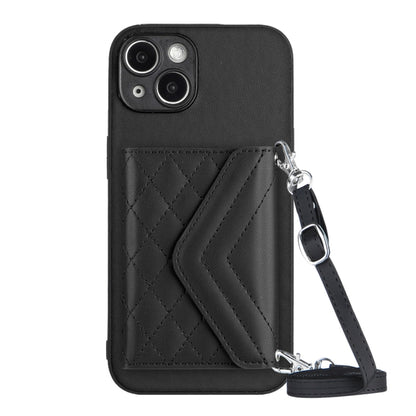 Rhombic Texture Card Bag RFID Phone Case with Long Lanyard, For iPhone 14 Plus, For iPhone 14, For iPhone 14 Pro, For iPhone 14 Pro Max