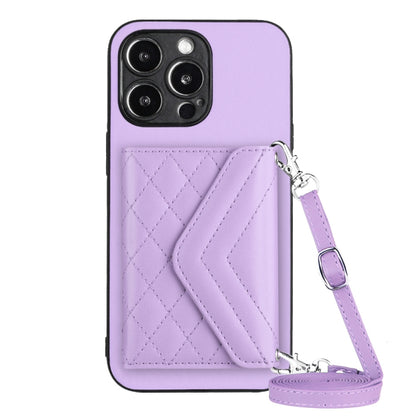 Rhombic Texture Card Bag RFID Phone Case with Long Lanyard, For iPhone 14 Plus, For iPhone 14, For iPhone 14 Pro, For iPhone 14 Pro Max