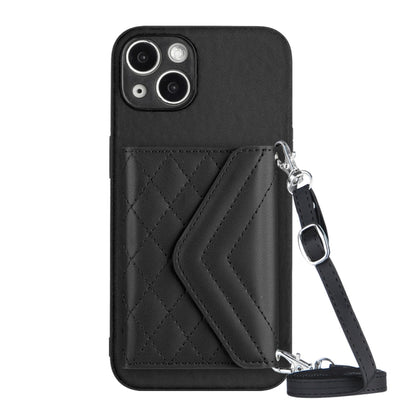Rhombic Texture Card Bag RFID Phone Case with Long Lanyard, For iPhone 15 Pro Max, For iPhone 15 Pro, For iPhone 15 Plus, For iPhone 15