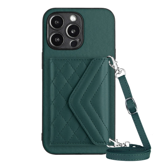 Rhombic Texture Card Bag RFID Phone Case with Long Lanyard, For iPhone 15 Pro Max, For iPhone 15 Pro, For iPhone 15 Plus, For iPhone 15