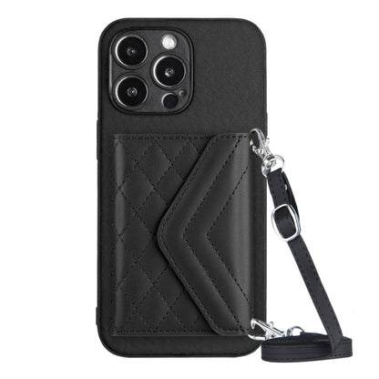 Rhombic Texture Card Bag RFID Phone Case with Long Lanyard, For iPhone 15 Pro Max, For iPhone 15 Pro, For iPhone 15 Plus, For iPhone 15