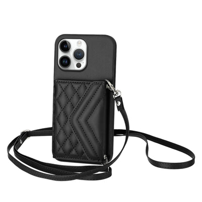 Rhombic Texture Card Bag RFID Phone Case with Long Lanyard, For iPhone 16 Pro Max, For iPhone 16 Pro, For iPhone 16 Plus, For iPhone 16