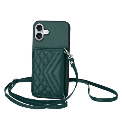 Rhombic Texture Card Bag RFID Phone Case with Long Lanyard, For iPhone 16 Pro Max, For iPhone 16 Pro, For iPhone 16 Plus, For iPhone 16