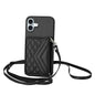 Rhombic Texture Card Bag RFID Phone Case with Long Lanyard, For iPhone 16 Pro Max, For iPhone 16 Pro, For iPhone 16 Plus, For iPhone 16