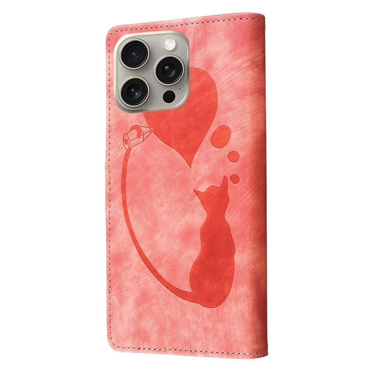 Pen Heart Cat Embossed Leather Phone Case, For iPhone 15 Pro Max, For iPhone 15 Pro, For iPhone 15 Plus, For iPhone 15