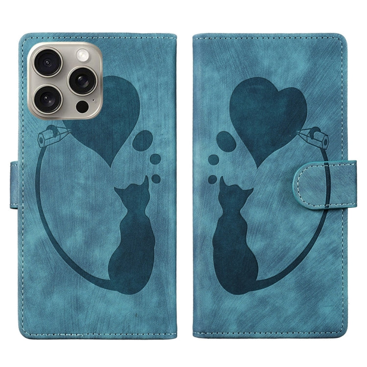 Pen Heart Cat Embossed Leather Phone Case, For iPhone 15 Pro Max, For iPhone 15 Pro, For iPhone 15 Plus, For iPhone 15