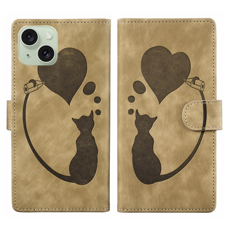 Pen Heart Cat Embossed Leather Phone Case, For iPhone 15 Pro Max, For iPhone 15 Pro, For iPhone 15 Plus, For iPhone 15
