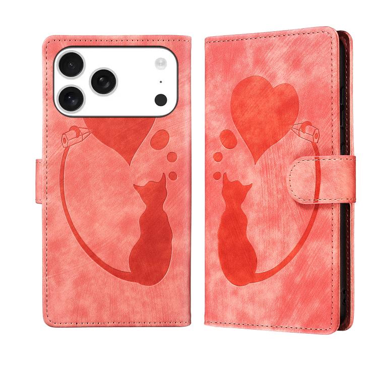 Pen Heart Cat Embossed Leather Phone Case, For iPhone 18 Pro / 17 Pro, For iPhone 18 Pro Max / 17 Pro Max, For iPhone 17, For iPhone 17 Air