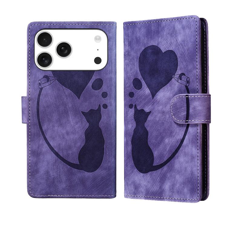 Pen Heart Cat Embossed Leather Phone Case, For iPhone 18 Pro / 17 Pro, For iPhone 18 Pro Max / 17 Pro Max, For iPhone 17, For iPhone 17 Air