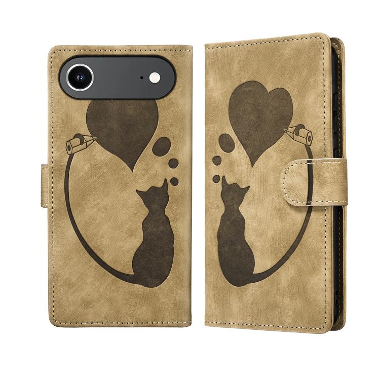 Pen Heart Cat Embossed Leather Phone Case, For iPhone 17 Pro Max, For iPhone 17 Pro, For iPhone 17, For iPhone Air