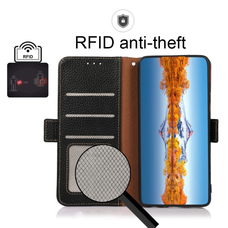 KHAZNEH Side-Magnetic Litchi Genuine Leather RFID Phone Case, For iPhone 15 Pro Max, For iPhone 15 Pro, For iPhone 15 Plus, For iPhone 15