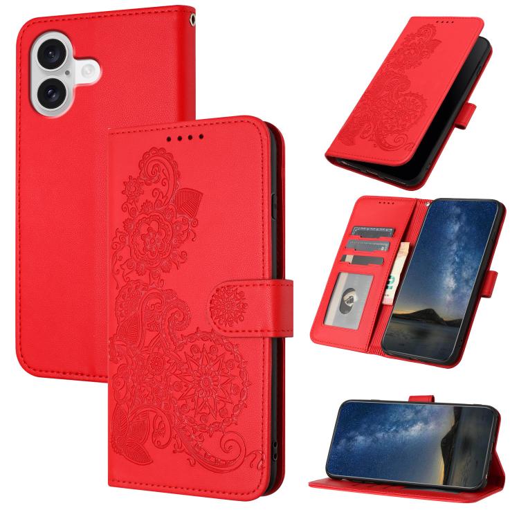 Datura Flower Embossed Flip Leather Phone Case, For iPhone 17, For iPhone Air, For iPhone 16 Pro Max
