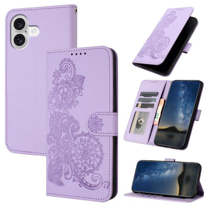 Datura Flower Embossed Flip Leather Phone Case, For iPhone 17, For iPhone Air, For iPhone 16 Pro Max