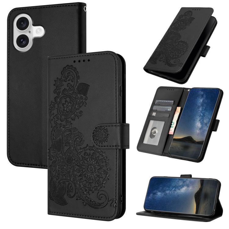 Datura Flower Embossed Flip Leather Phone Case, For iPhone 17, For iPhone Air, For iPhone 16 Pro Max