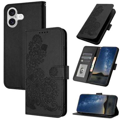 Datura Flower Embossed Flip Leather Phone Case, For iPhone 17, For iPhone Air, For iPhone 16 Pro Max