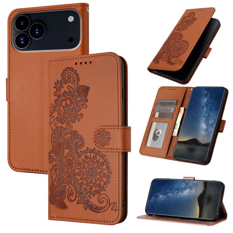 Datura Flower Embossed Flip Leather Phone Case, For iPhone 18 Pro / 17 Pro, For iPhone 18 Pro Max / 17 Pro Max, For iPhone 17e / 16e