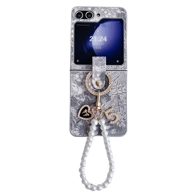 Embroidery Style Full Coverage Phone Case with Ring Bead Chain, For Samsung Galaxy Z Flip6 / Flip7 FE, For Samsung Galaxy Z Flip5