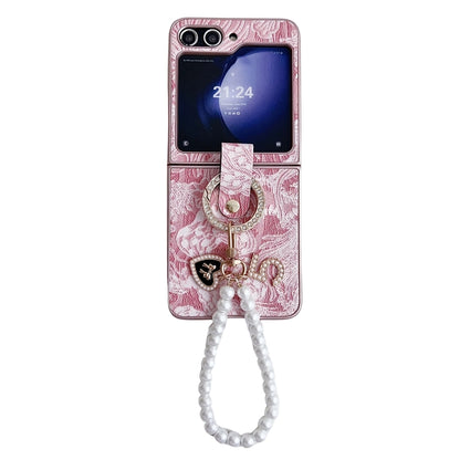 Embroidery Style Full Coverage Phone Case with Ring Bead Chain