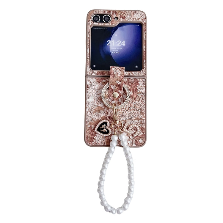 Embroidery Style Full Coverage Phone Case with Ring Bead Chain, For Samsung Galaxy Z Flip6 / Flip7 FE, For Samsung Galaxy Z Flip5