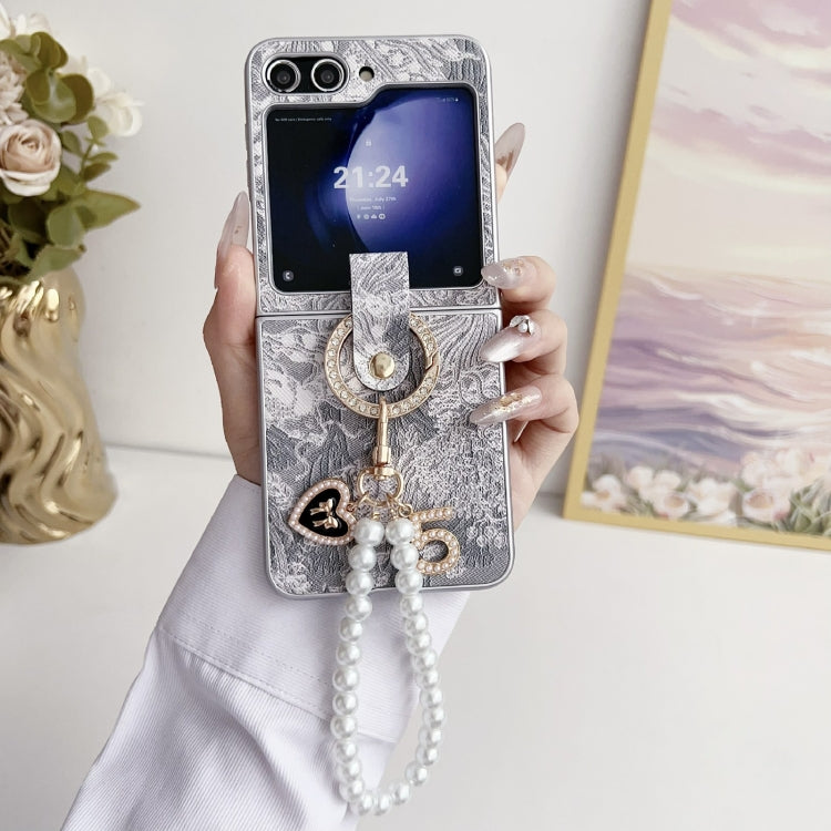 Embroidery Style Full Coverage Phone Case with Ring Bead Chain, For Samsung Galaxy Z Flip6 / Flip7 FE, For Samsung Galaxy Z Flip5