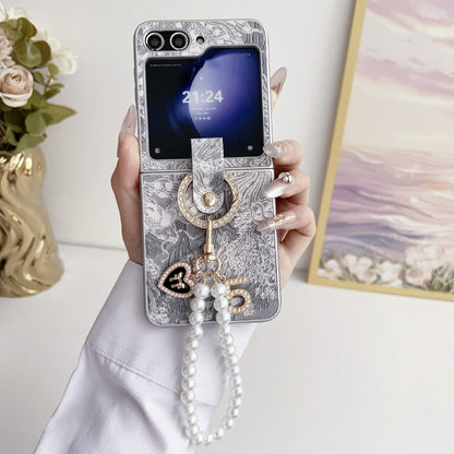 Embroidery Style Full Coverage Phone Case with Ring Bead Chain, For Samsung Galaxy Z Flip6 / Flip7 FE, For Samsung Galaxy Z Flip5