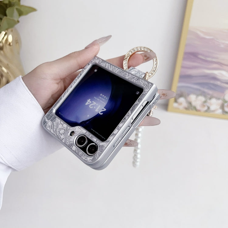 Embroidery Style Full Coverage Phone Case with Ring Bead Chain, For Samsung Galaxy Z Flip6 / Flip7 FE, For Samsung Galaxy Z Flip5