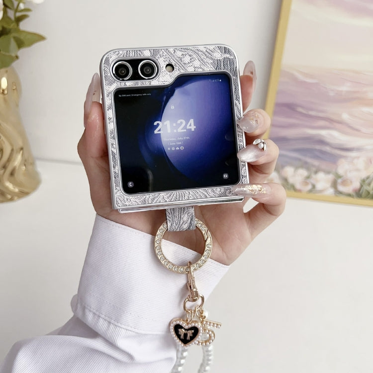 Embroidery Style Full Coverage Phone Case with Ring Bead Chain, For Samsung Galaxy Z Flip6 / Flip7 FE, For Samsung Galaxy Z Flip5