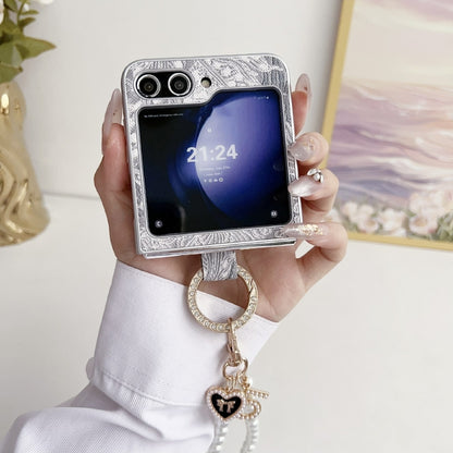 Embroidery Style Full Coverage Phone Case with Ring Bead Chain, For Samsung Galaxy Z Flip6 / Flip7 FE, For Samsung Galaxy Z Flip5
