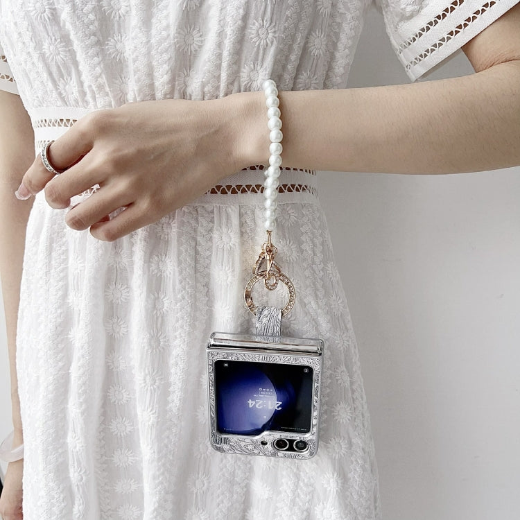 Embroidery Style Full Coverage Phone Case with Ring Bead Chain, For Samsung Galaxy Z Flip6 / Flip7 FE, For Samsung Galaxy Z Flip5