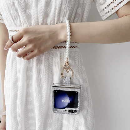 Embroidery Style Full Coverage Phone Case with Ring Bead Chain, For Samsung Galaxy Z Flip6 / Flip7 FE, For Samsung Galaxy Z Flip5