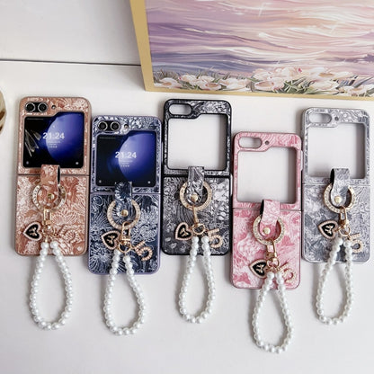 Embroidery Style Full Coverage Phone Case with Ring Bead Chain, For Samsung Galaxy Z Flip6 / Flip7 FE, For Samsung Galaxy Z Flip5